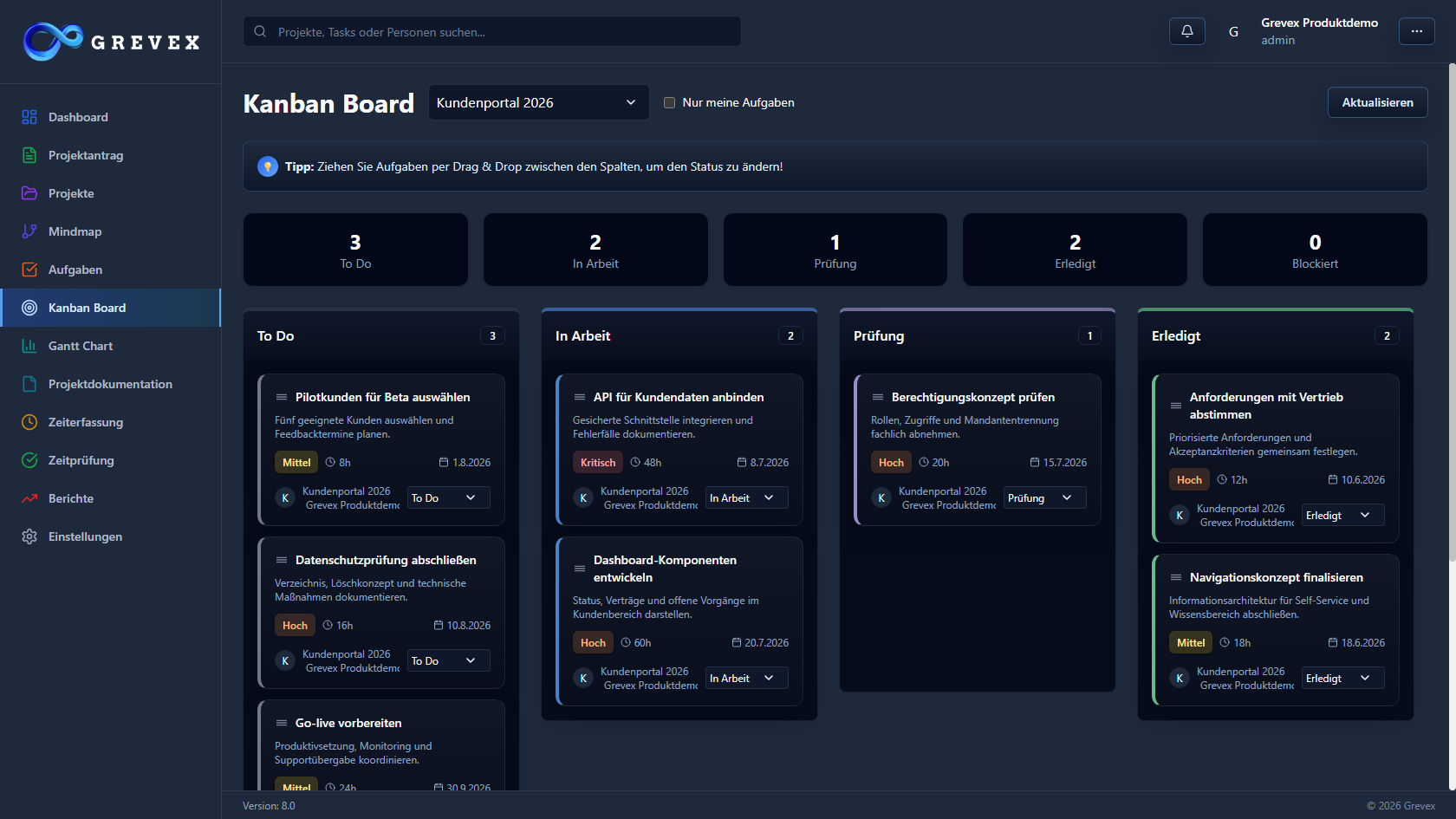 Grevex Kanban Board für Aufgaben in einer Produktdemo