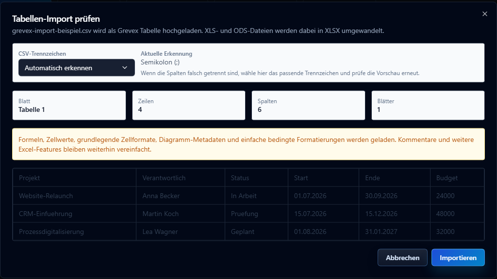 Grevex Tabellen Importvorschau mit Datei- und Spaltenprüfung